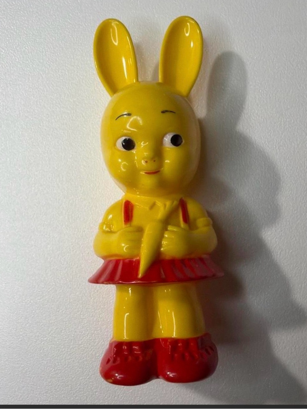 (825-3) Vintage 1950s Knickerbocker Yellow Plastic Bunny Girl Rattle Figurine